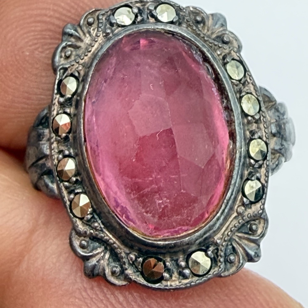 Anti Uncas Art Deco Cocktail Ring/925 Sterling Silver & Pink Glass  Sz 6.5‎ Read
